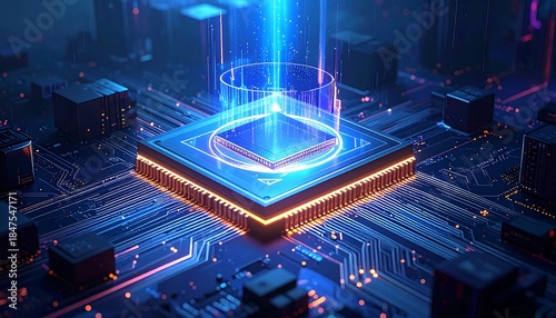 Intricate blue circuit board with a glowing central processor emitting vertical energy beams