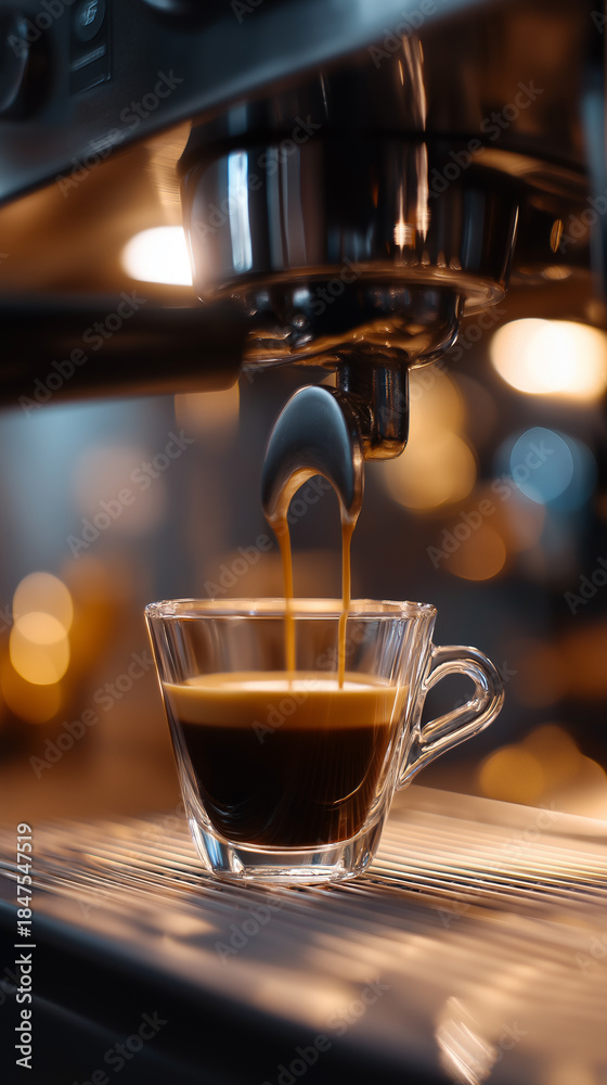 Fototapeta premium Fresh espresso flowing from a coffee machine into a glass cup in a cozy café setting. 