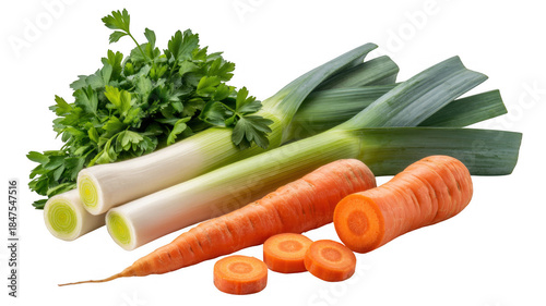 Sliced carrots and leeks with parsley vegetables isolated on a transparent background