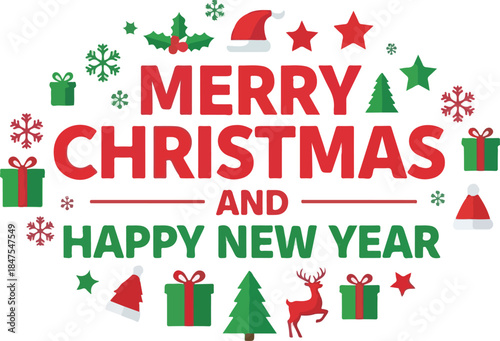 Festive Holiday Greetings Merry Christmas and Happy New Year Wishes with Ornaments and Decorations