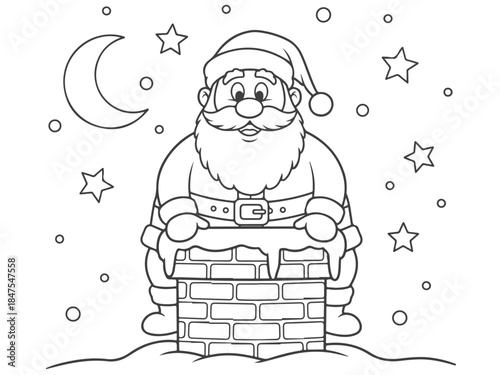 Santa Claus sitting on a chimney with a crescent moon and stars in the background, ready for Christmas.