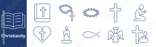 Christianity set icon. Bible, rosary, crown, cross, prayer, heart, candle, fish, angel, communion. Religion, faith, belief, spirit, worship, church, holy, grace, ritual, salvation.