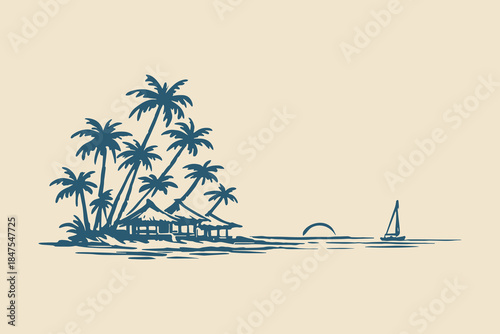 Tropical island bungalow vintage sketch vector illustration