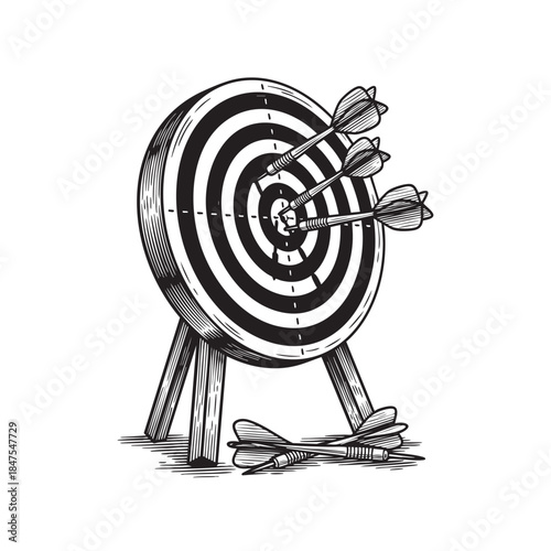 Detailed engraving of a classic bullseye dartboard target on a stand, hit by multiple accurate darts.