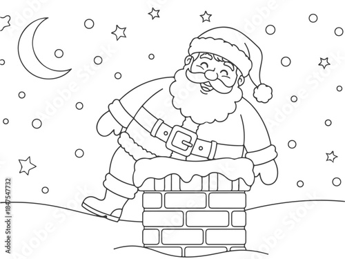 A cheerful Santa Claus is sliding down a chimney on a snowy night under a crescent moon and stars.