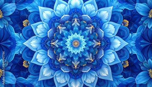 Intricate floral mandala in hues of blue and gold with geometric patterns