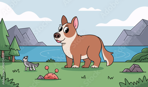 cartoon dog standing on green grass with another dog and mushrooms in a scenic landscape with mountains and lake