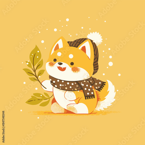 Adorable Shiba Inu puppy wearing a cozy winter hat and scarf, holding autumn leaves, surrounded by falling snow on a warm yellow background.