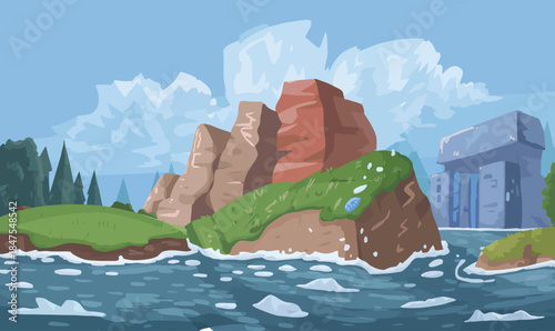 cartoon landscape with rocky island and icebergs in ocean water