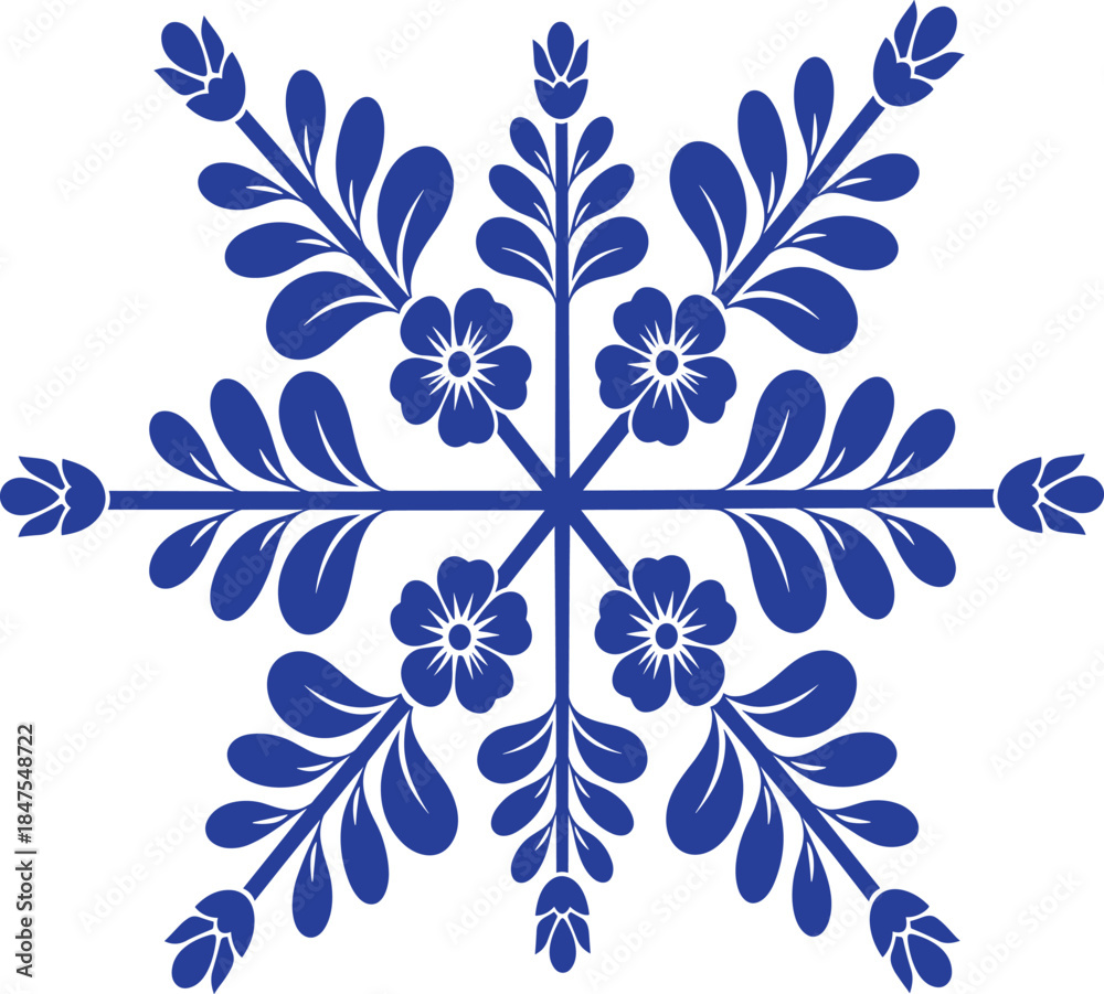 Fototapeta premium Blue Floral Mandala Pattern Vector Illustration with Symmetrical Flowers and Leaves for Textile and Decorative Design.
