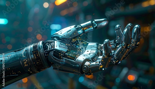 Intricate robotic hand extends, components visible against a bokeh background, futuristic and high-tech aesthetics in view