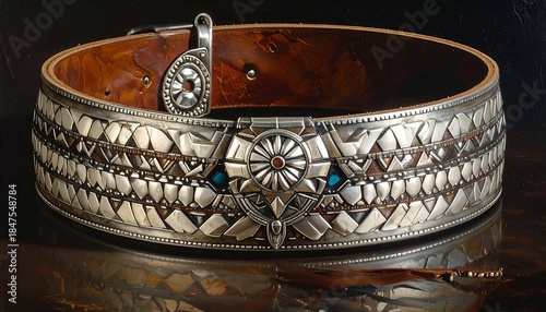 Intricate silver belt with turquoise, red stones, on dark surface, ornate design, reflecting light, leather inside band