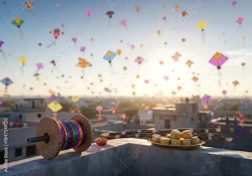 Vibrant Kite Festival Celebration on a Rooftop with Traditional Sweets and Sugarcane. AI Generated