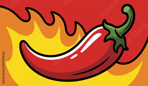 cartoon red chili pepper with flames  spicy food and heat concept