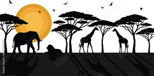 African savanna wildlife silhouettes at sunset, elephant giraffes lion acacia trees birds, dramatic safari landscape illustration for nature conservation themes