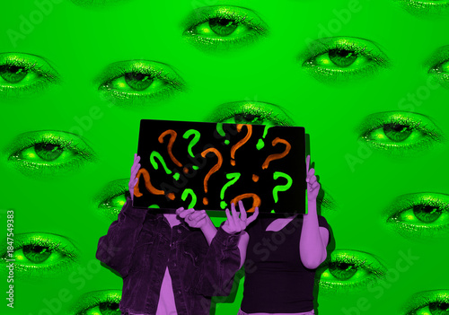 Collage art with a two women holding a question marks against eyes on background