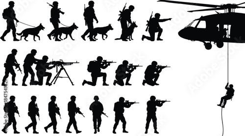 Military soldier silhouette collection with combat poses, special forces, helicopter rescue, tactical operations, armed troops isolated on white background