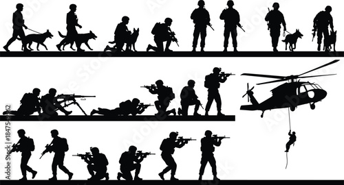 Military special forces silhouettes with K9 units, tactical formations, heavy weapons, helicopter insertion, modern combat mission illustration
