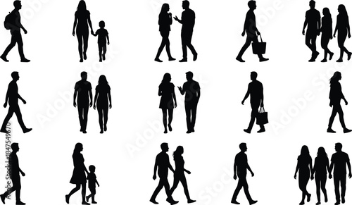 People silhouettes walking collection, men women couples families, urban lifestyle poses, black human figures, isolated crowd outline vector illustration design