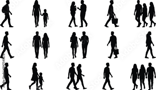 People silhouettes walking collection, men women couples families urban lifestyle poses black human figures isolated crowd outline vector illustration design