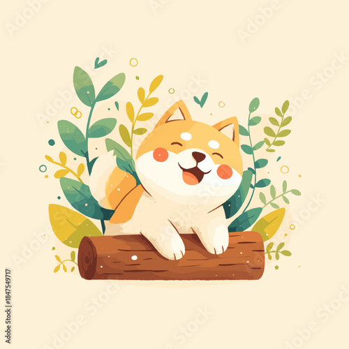 Happy Shiba Inu Dog Resting on a Log in a Lush Green Forest Setting.