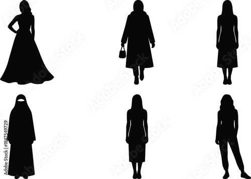 Women silhouette collection showing modern female fashion styles, standing poses, modest clothing, elegant figures isolated on white background illustration