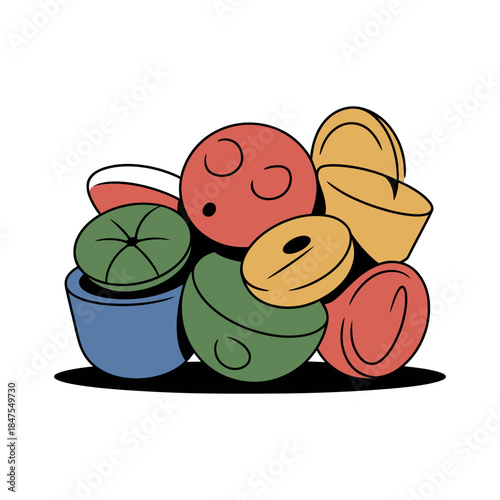 Colorful illustration of stacked bowls with lids in various colors