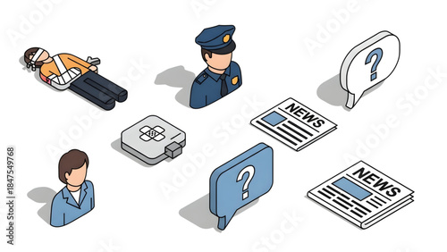 Isometric vector illustration for incident reporting and investigation, featuring a police officer, injured person, news articles, and question marks