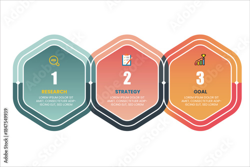 Three step circular interconnected infographic vector for corporate planning, business process workflow, strategy presentation, data visualization and modern marketing slides