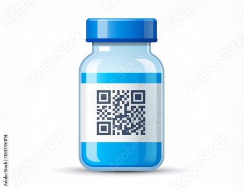 Modern flat icon of a medicine bottle with QR code label, symbolizing pharmaceutical technology and smart healthcare solutions.