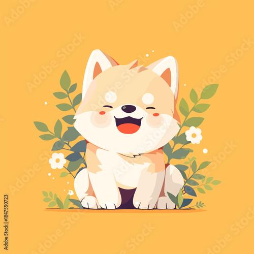 Adorable happy shiba inu puppy with closed eyes and open mouth, surrounded by green leaves and white flowers, on a yellow background.