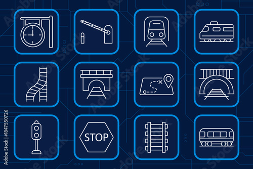 Train and railway set icon. Station, track, tunnel, bridge, signal, map, stop sign, train, subway, locomotive, transport, public travel system.
