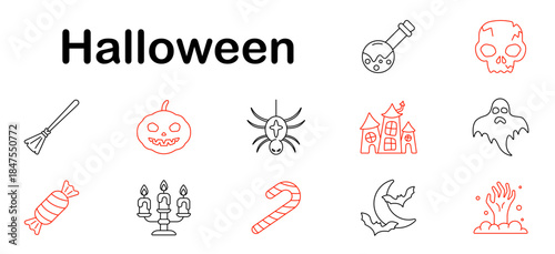 Halloween set icon. Pumpkin, ghost, skull, broom, witch, bat, haunted house, spider, moon, zombie hand, potion, candelabra, candy, holiday, horror, fear, costume, night.