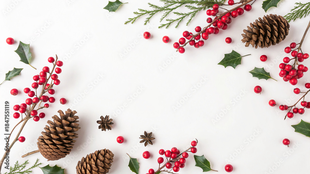 Fototapeta premium Festive arrangement of pine cones, berries, and green leaves on a white surface for holiday decoration