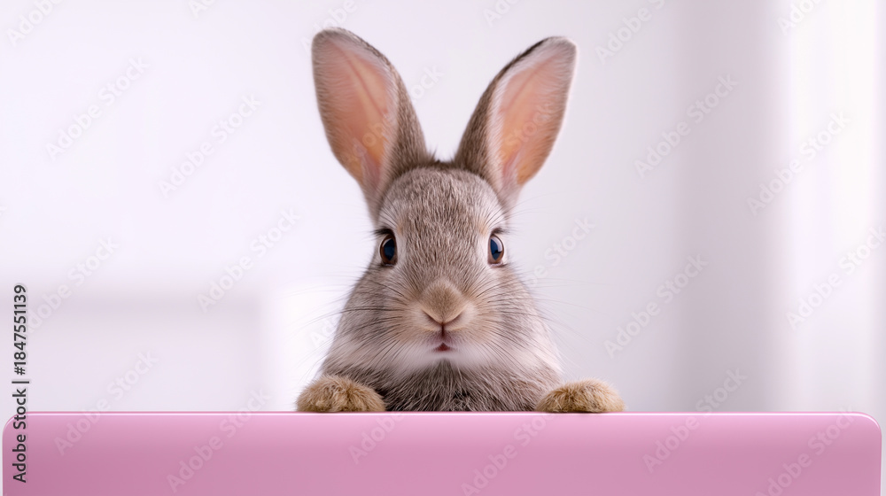 Obraz premium Rabbit peeking over a pink surface with alert ears in a minimalist studio setting. 