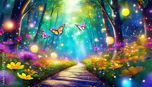 神秘的な森　綺麗な花と美しい蝶