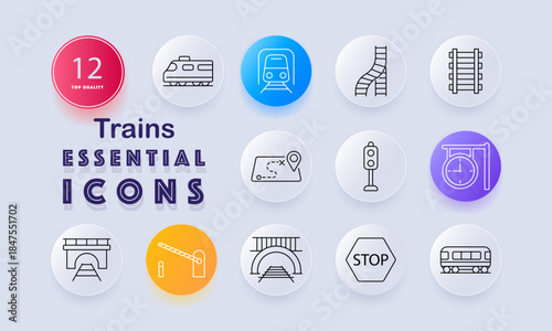 Trains set icon. Locomotive, subway front, curved rail, track, map route, signal light, schedule clock, station arch, crossing gate, tunnel, stop sign, train car