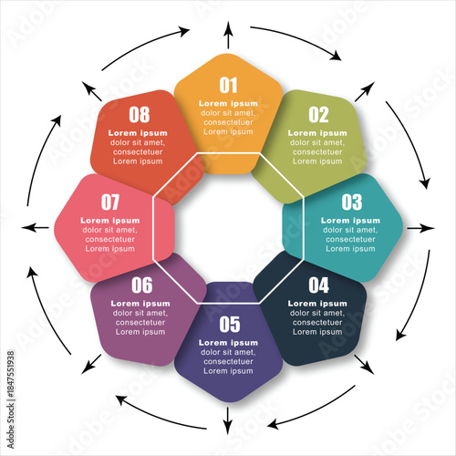 Colorful 8-step circular business cycle infographic vector for modern data visualization, workflow, marketing presentations, process analysis, and step-by-step business guides