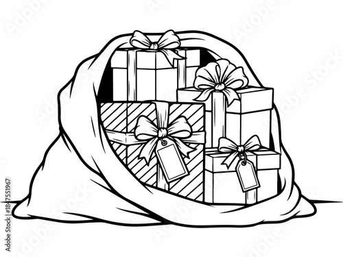 A black and white illustration of a large sack overflowing with beautifully wrapped gift boxes, tied with bows and gift tags.