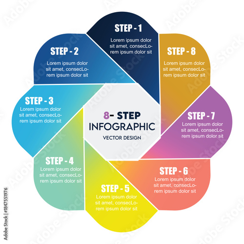 Colorful 8-step circular business cycle infographic vector for modern data visualization, workflow, marketing presentations, process analysis, and step-by-step business guides