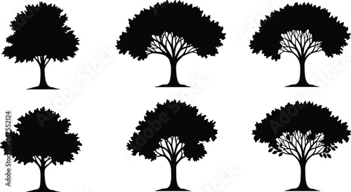 Tree silhouette illustration set, black forest shapes, botanical design elements, nature clipart, stylized tree icons, landscape graphic bundle, vector trees