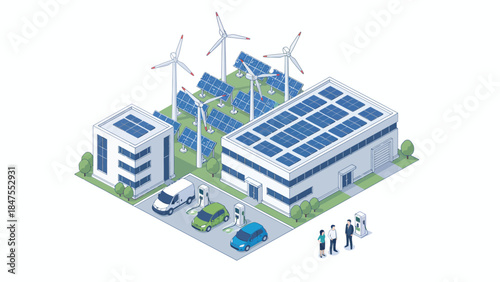 Sustainable Smart Factory with Solar Panels and Wind Turbines Renewable Energy Illustration