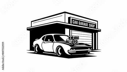 Classic Car Garage Shop Illustration with Vintage Automobile Black and White Vector
