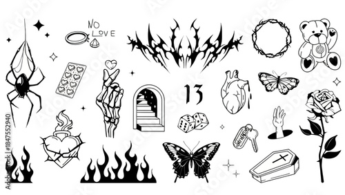 Dark Gothic Doodle Symbol Vector Set with Flames, Butterflies, Hearts and Hand Drawn Icons