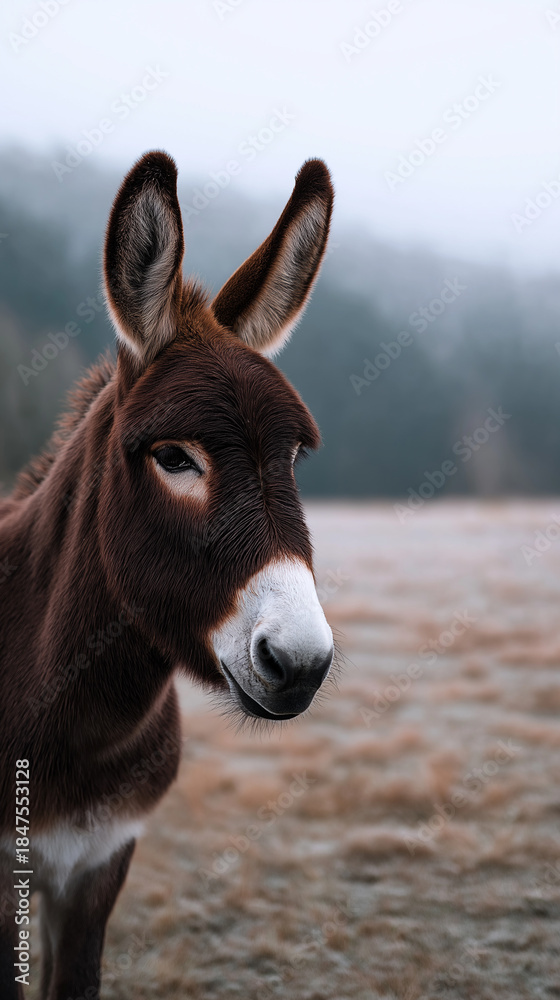 Fototapeta premium Portrait of a donkey standing outdoors with soft natural background. 