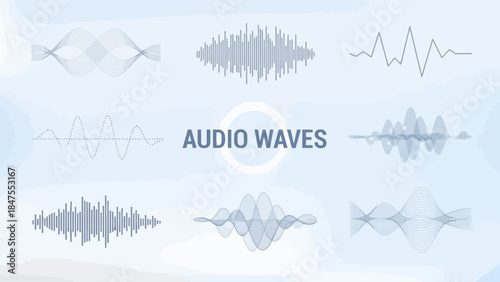 Audio Waveforms Vector Set with Sound Waves, Music and Voice Signal Visualizations