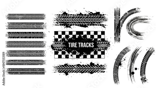 Tire Tracks and Grunge Brush Texture Vector Set with Distressed Road Marks