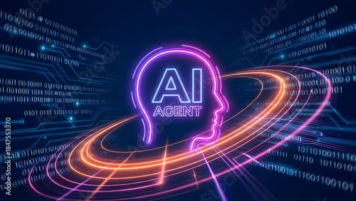 Futuristic AI agent concept with glowing neon head and digital data streams