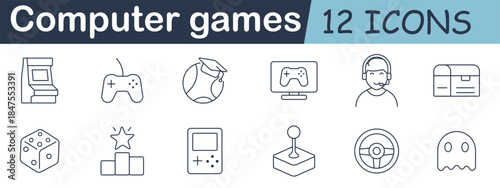 Computer games set icon. Arcade, joystick, globe, monitor, gamer, loot chest, dice, podium, console, controller, steering wheel, ghost.
