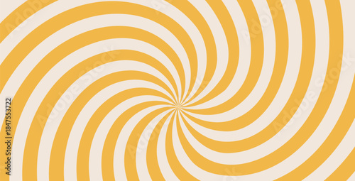 Groovy spiral simple starburst background. Retro spiral yellow sun rays abstract illustration. Vector wavy retro decoration. Radial carnival stripes vintage backdrop. Sunburst 70s pop art design.